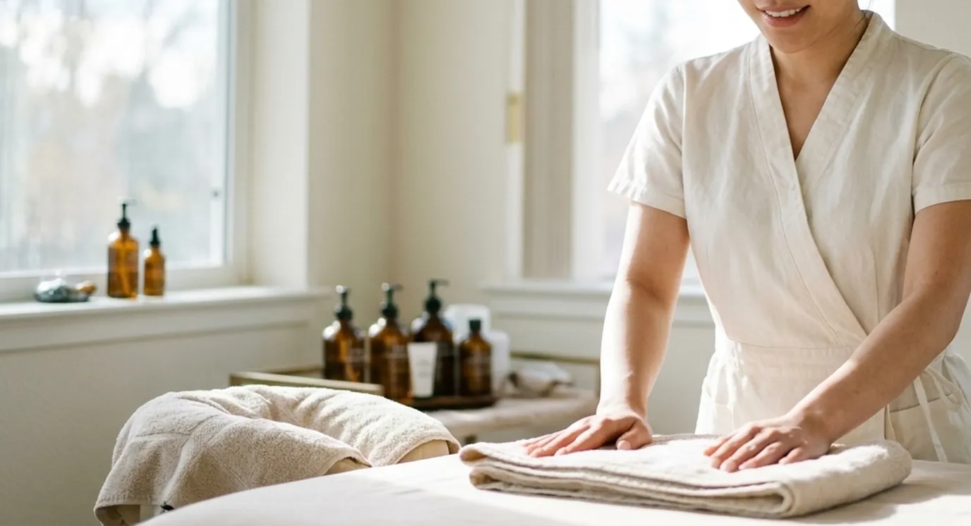 A therapist smoothing fresh towels on a massage table in a bright room