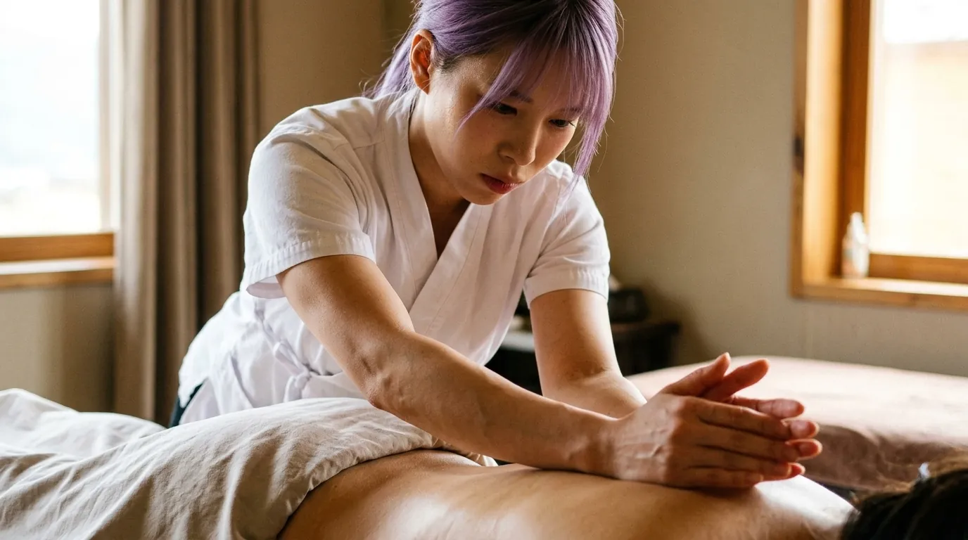 An illustration of a calm massage room in warm natural light